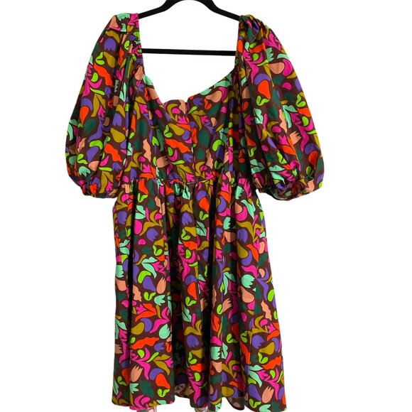 IMPRESSIONS Plus Size Babydoll Printed Colorful Puff Sleeve Brown Dress size 3X - Picture 4 of 15